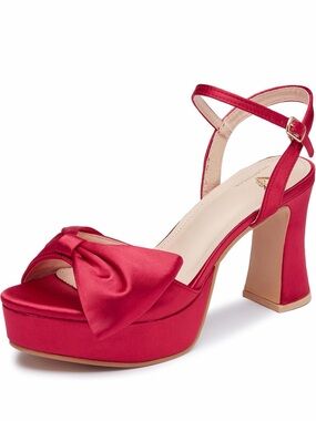 Red Satin Bow Platform Heels with Ankle Strap - Women